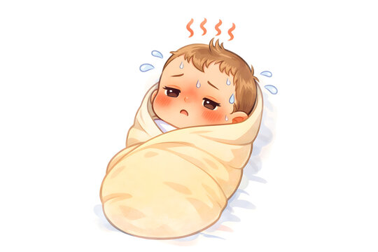 Sick baby wrapped in blanket with fever and sweating, showing discomfort and flushed cheeks in cute cartoon style
