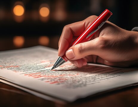 hand with a red pen correcting text representing the meticulous process of editing and proofreading in written communication