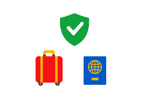 A flat illustration featuring a green shield with a checkmark, a red suitcase, and a blue passport on a black background, representing travel insurance and security concepts.