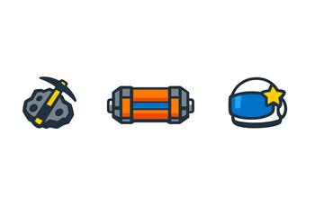 Fototapeta premium A set of three space-themed icons including a pickaxe hitting an asteroid, an orange power cell, and a white astronaut helmet with a blue visor and a yellow star on a black backdrop.