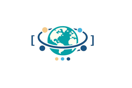 This minimalist graphic features a stylized Earth globe surrounded by a dark blue ring with colorful circular nodes and square brackets, set against a solid black background.