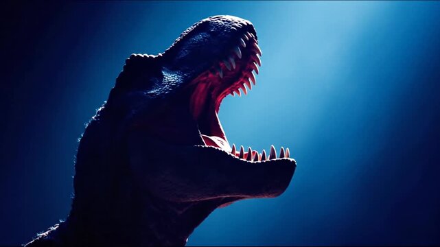 Silhouette of a large reptile head with open jaws, red teeth. Blue background with a light