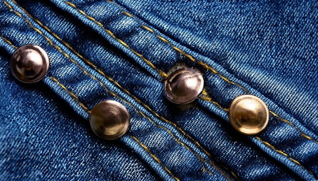 macro texture of denim fabric with metallic studs and detailed stitching