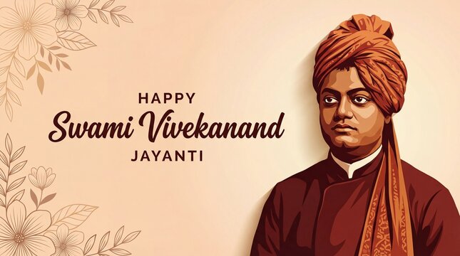 Swami Vivekananda portrait with traditional attire and turban celebrating Jayanti