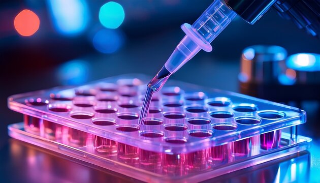 a multi channel pipette dispenses liquid samples into a microplate illuminated by vibrant blue and pink laboratory lighting