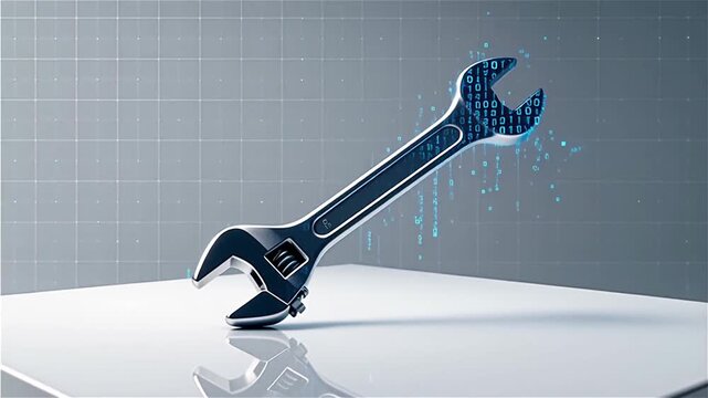 A sleek, metallic adjustable wrench resting on a reflective surface with a futuristic digital grid in the background, showcasing innovation in tool design