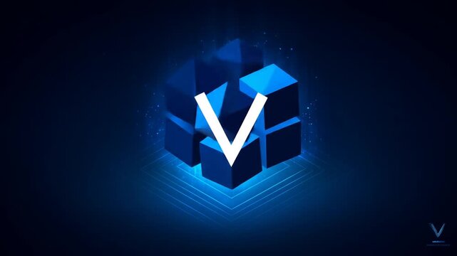 Abstract digital cube with v letter in dark blue geometric technology