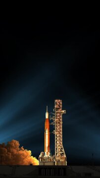 Epic night launch of a heavy space rocket carrying a crewed lunar spacecraft, blazing engines and smoke at the launch pad, cinematic 3D animation of modern space exploration.