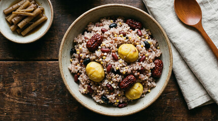 Korean Ogokbap with Jujubes in Rustic Bowl
