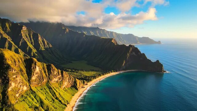 Stunning aerial view of the Na Pali Coast in Kauai, Hawaii with vibrant green mountains and turquoise ocean water