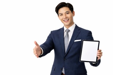 Young man in suit holding plain keys and minimal blank folder guiding gesture concierge concept isolated on white