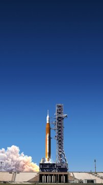 Daytime launch of a heavy space rocket carrying a crewed lunar spacecraft, powerful engines igniting at the launch pad, realistic cinematic 3D animation of human space exploration.