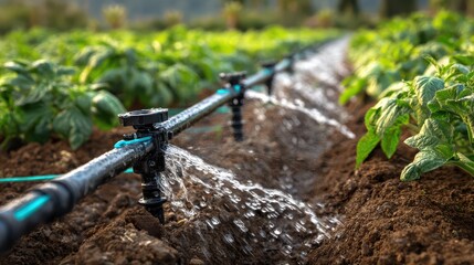 Fototapeta premium Drip irrigation system waters potato plants on a farm during a sunny daytime in a rural area
