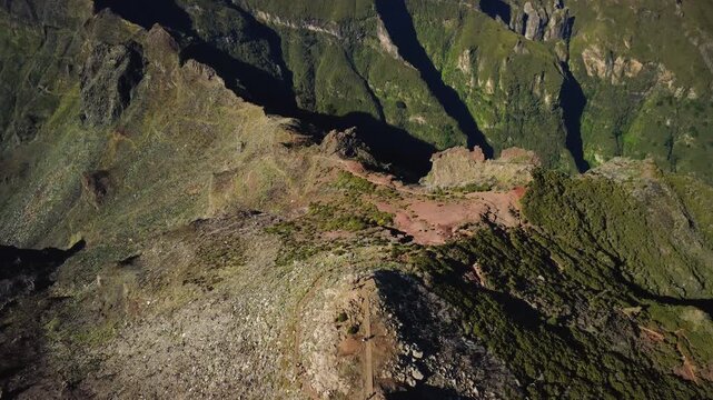 4K Drone Top-Down Flyover of Pico Ruivo Slopes, Madeira: Camera Tilt to 90 Degrees Nadir View, Volcanic Rock Textures and Mountain Trails, Abstract Bird's Eye Perspective of Rugged Alpine Landscape