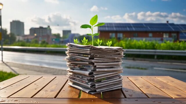 Stack of newspapers on a wooden table with green sprouts emerging, reflecting themes of sustainability and new beginnings