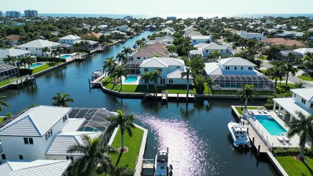Aerial view of luxurious waterfront homes and boats along a network of canals under the bright sun