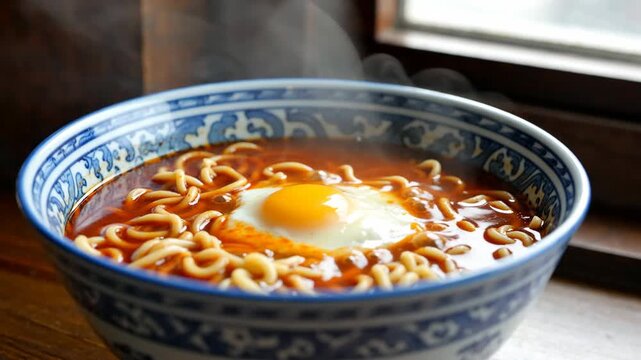 A steaming bowl of red spicy ramen topped with a fried egg, placed near a window, showcasing colorful patterns and a warm atmosphere
