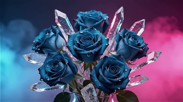 A striking arrangement of dark blue roses interspersed with crystal-like elements against a vibrant pink and blue background, creating a mystical atmosphere