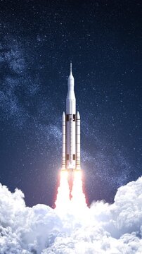 3D animation of a night launch of a heavy space rocket with a spacecraft on board, starting engines with fire and smoke against the backdrop of a starry sky.