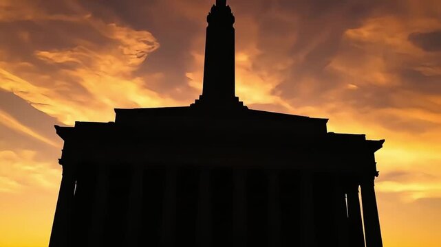 Presidents' Day celebration at monument with columns at sunset