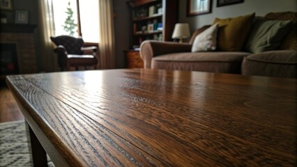 Fototapeta premium Empty wooden table in modern cozy living room with warm lighting, mockup background