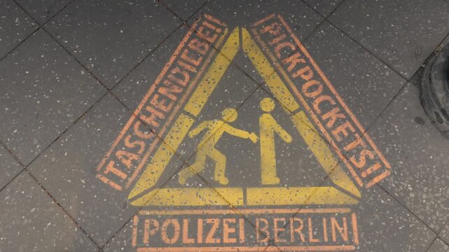 Yellow painted warning sign on Berlin pavement cautioning against pickpockets Taschendiebe. Triangle graphic with figures stealing a wallet, labeled Polizei Berlin on the sidewalk.