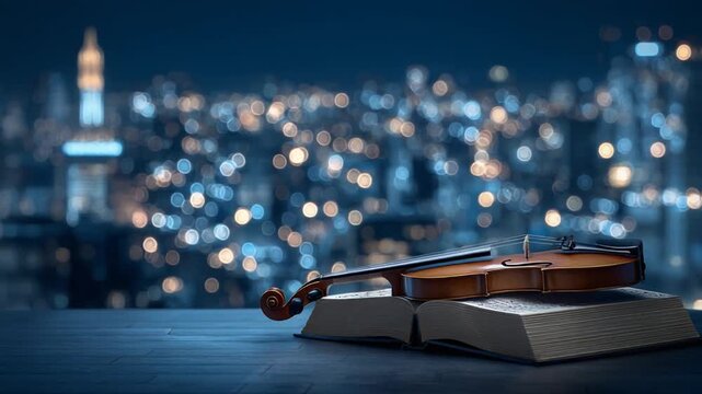 A violin rests upon an open book atop a wood surface with bokeh lights of city skyline