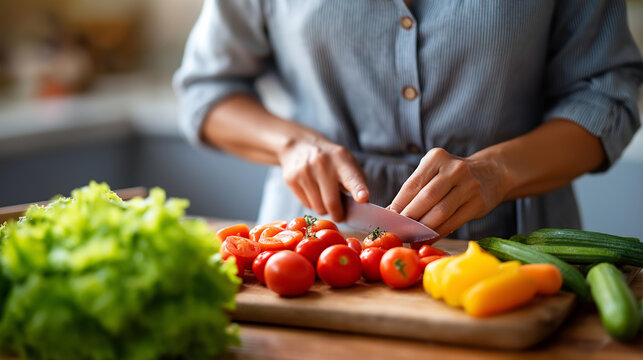 Faceless Asian woman preparing fresh vegetables in kitchen, produce cutting work, meal preparation activity, cooking ingredient processing, defocused person, with copy space