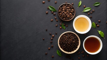 Coffee and Tea Flat Lay with Roasted Beans and Green Leaves on Dark Background