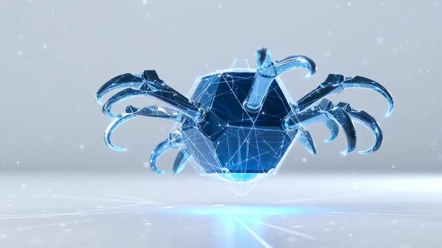 Stylized digital crab model with geometric shapes and blue luminescence, set against a minimalist gray background