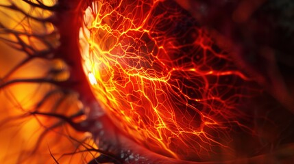 Fototapeta premium Save Your Vision Month:healthy human retina with intricate blood vessel network, ophthalmoscopic view style, rich red and orange tones showing vascular patterns
