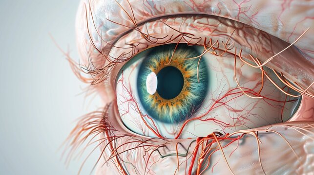 Save Your Vision Month:medical illustration showing sagittal cutaway view of human eye, highly detailed anatomical structures including sclera, choroid, retina layers, lens zonules