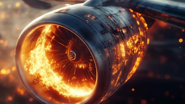 Flames erupt from a jet engine during testing at an engineering facility to demonstrate high performance and efficiency