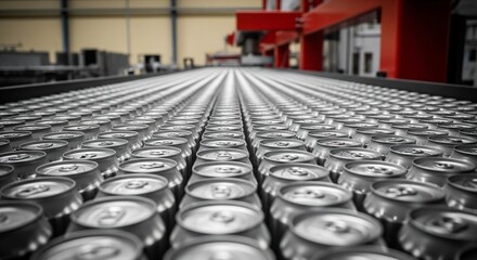Obraz premium Rows of aluminum cans on industrial production line in factory