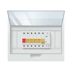 A fuse box with multiple circuit breakers arranged in a row, showing the connections used to distribute and control electrical power in a building