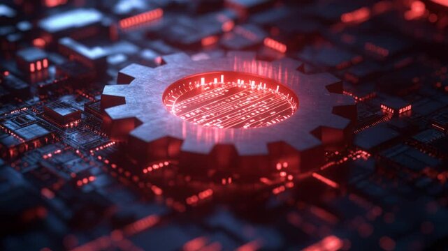Digital gear spinning on motherboard, circuit board animation, tech gear rotation, processing core, futuristic computing, electronic machinery, device.