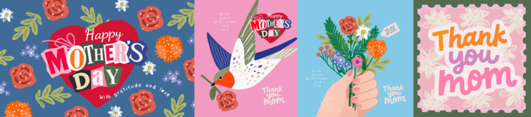 Naklejka na ściany i meble Happy Mother's Day. Vector cute illustrations of a bouquet of flowers in hand, a bird, a heart shape with a greeting, a pattern and a 