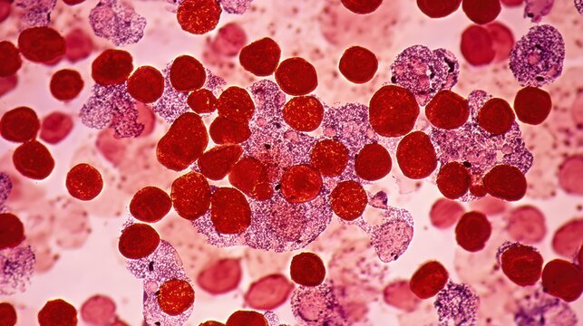 Study of human blood cells showing red blood cells and other cell types under a microscope in a laboratory setting