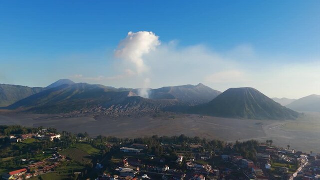 Cemoro Lawang Village Overlooking Mount Bromo And Semeru Volcano In East Java, Indonesia - Drone Shot