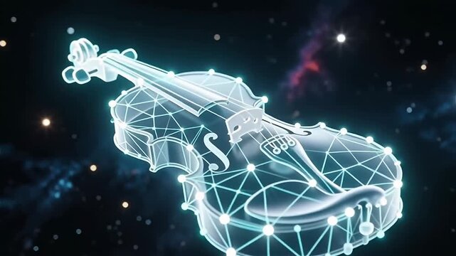 A translucent violin floating in a colorful cosmic background, symbolizing the harmony of music and the universe