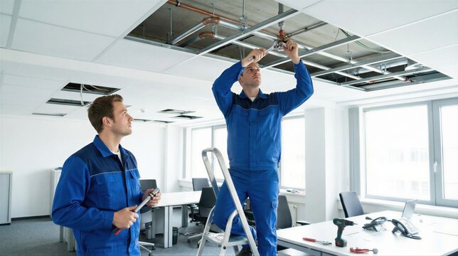 Two men, facility managers, installing, servicing ceiling utilities. Urban building maintenance. HVAC, plumbing system repair.