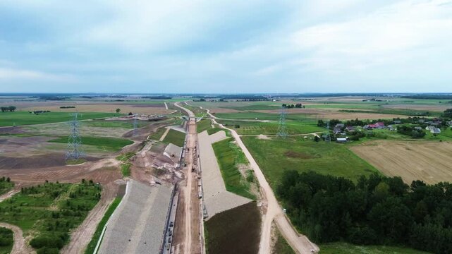 Endless railway line in flatlands of Europe, Rail Baltica project, aerial view
