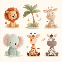 Obraz premium Watercolor safari clipart set with cute baby elephant, giraffe, zebra and palm tree, hand painted in soft pastel colors, perfect for nursery decor