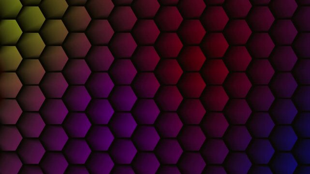 Abstract background featuring a colorful gradient over a repeating three dimensional honeycomb pattern creating a seamless loop
