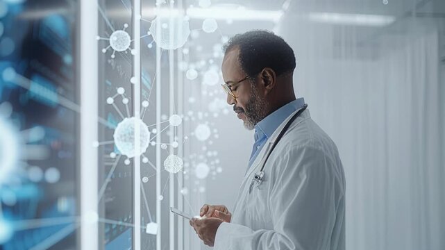 Medical professional reviewing digital diagnostics, holographic interface, futuristic healthcare, data visualization, clinical analysis, tech enabled medicine, assisted diagnosis.
