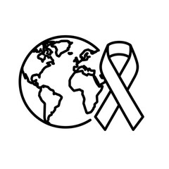 A minimalist black and white vector image featuring a globe of the Earth alongside a folded awareness ribbon, symbolizing global advocacy, social impact causes, and international solidarity © Muhammad