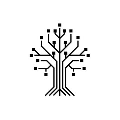 A minimalist black and white vector image featuring a tree structure formed by electronic circuit lines and nodes, symbolizing digital growth, environmental technology, and sustainable innovation