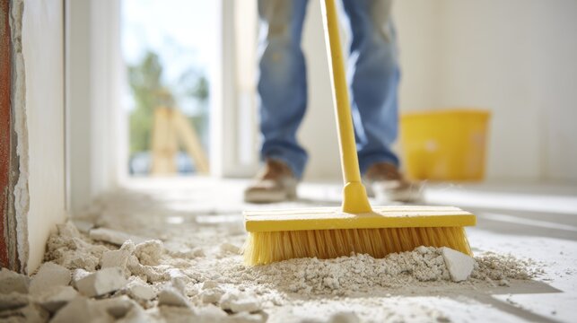 Construction worker sweeping debris at renovation site with yellow broom