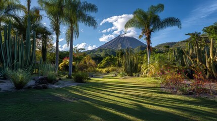 Obraz premium Sunrise garden landscape with green grass, lush trees, colorful flowers and tropical plants in front of an active volcano on jungle mountains, clear blue sky, mist, steam, long shadows creating calm