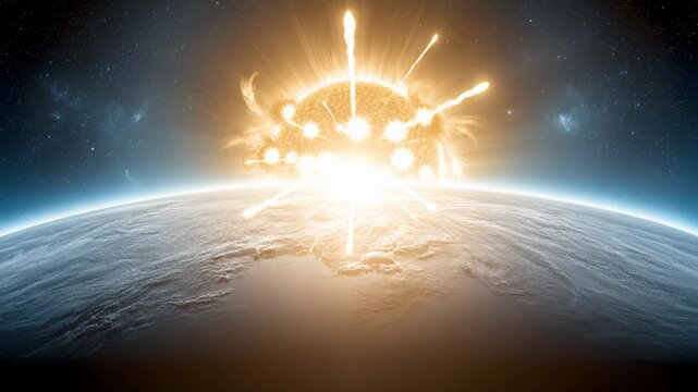 Sun unleashing solar flares, coronal mass ejection, space weather event, Earth&rsquo;s atmosphere, celestial phenomenon, plasma discharge, stellar activity.